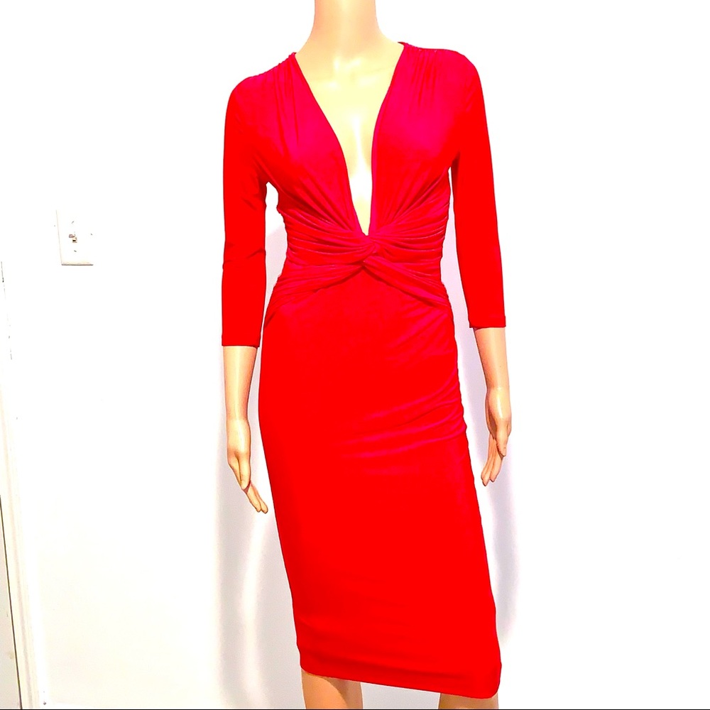 VIJO COUTURE Plunging Neck, Twist Front Party Dress